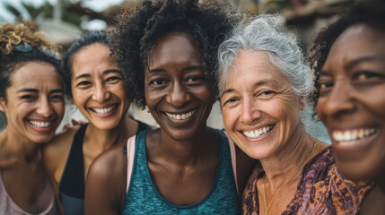 Fototapeta premium happy multi generational women having fun together multiracial friends smiling on camera after sport workout outdoor main focus on african female face no logos no brands ar 169
