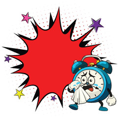 Crying Cartoon Alarm Clock with Comic Speech Bubble