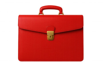 Closed red leather briefcase with golden lock isolated on transparent background, ideal for business and finance concepts