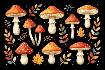 Vibrant watercolor illustration of fly agaric mushrooms and autumn leaves