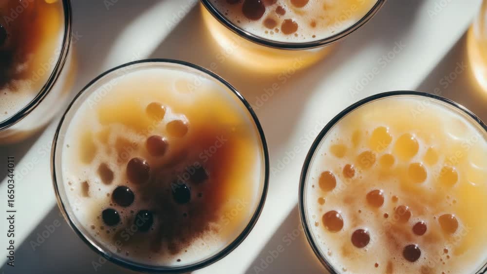 Poster Closeup of various beers in cups with ice cubes floating inside