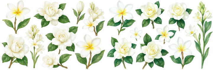 A beautiful collection of white flowers with lush green leaves, showcasing elegance and serenity.