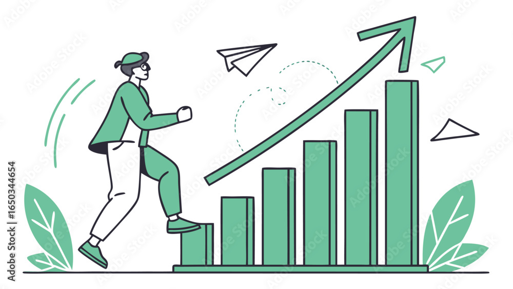Aufkleber vector man climbing bar graph with upward arrow and paper airplanes symbolizing growth and success c