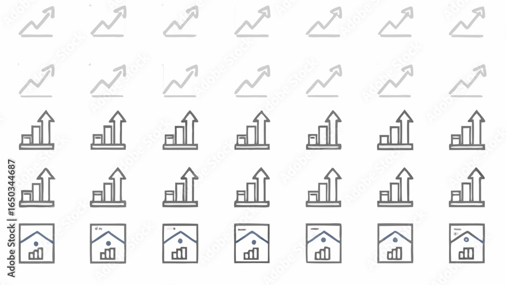 Poster vector illustration of multiple variations of upward trending graphs and charts in a grid like arran