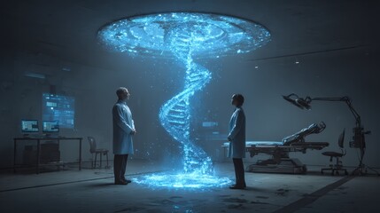 Physician and patient observing a glowing holographic DNA strand floating between them, AI interface highlighting mutation hotspots and treatment options in a futuristic clinical room
