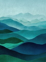 minimalistic landscape art background with mountains and hills in blue and green colors abstract banner in oriental style with watercolor texture for decor print wallpaper