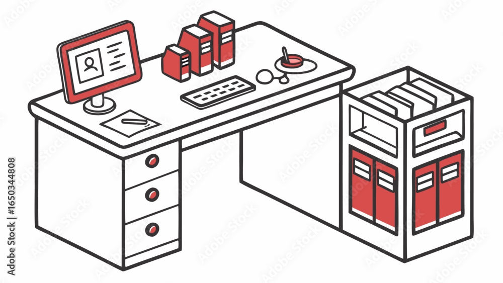 Poster vector illustration of a desk with computer books keyboard and accessories next to a filing cabinet 