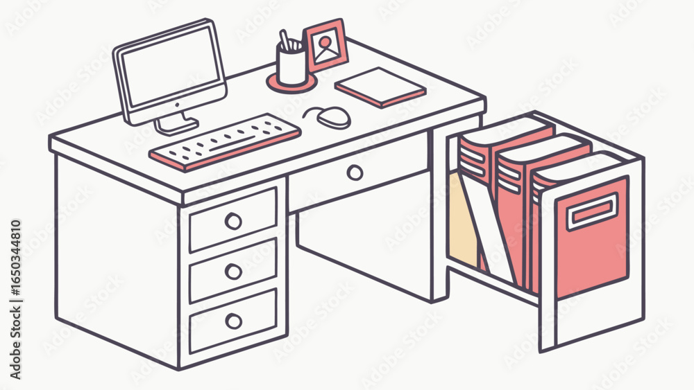 Poster vector illustration of a desk with computer keyboard mouse picture frame and books in a small bookca
