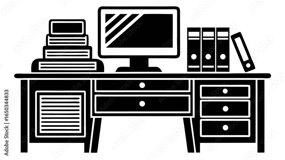 Poster vector illustration of a black desk with a computer monitor books and files in a well organized work