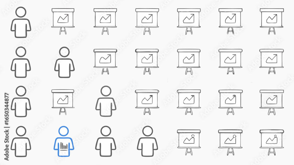 Aufkleber vector illustration showing multiple people icons and presentation boards arranged in a grid pattern