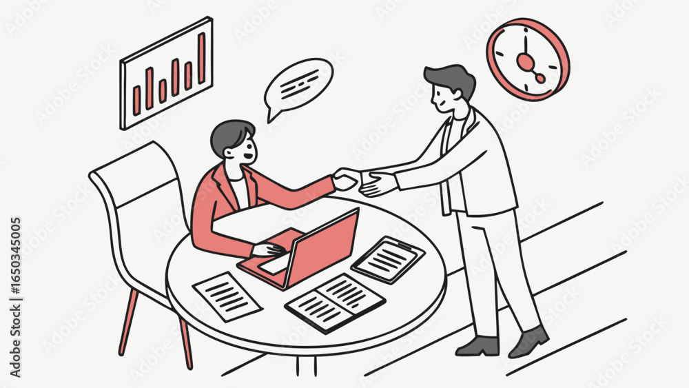 Aufkleber vector two business people shaking hands at a round table with laptop and documents in an office set