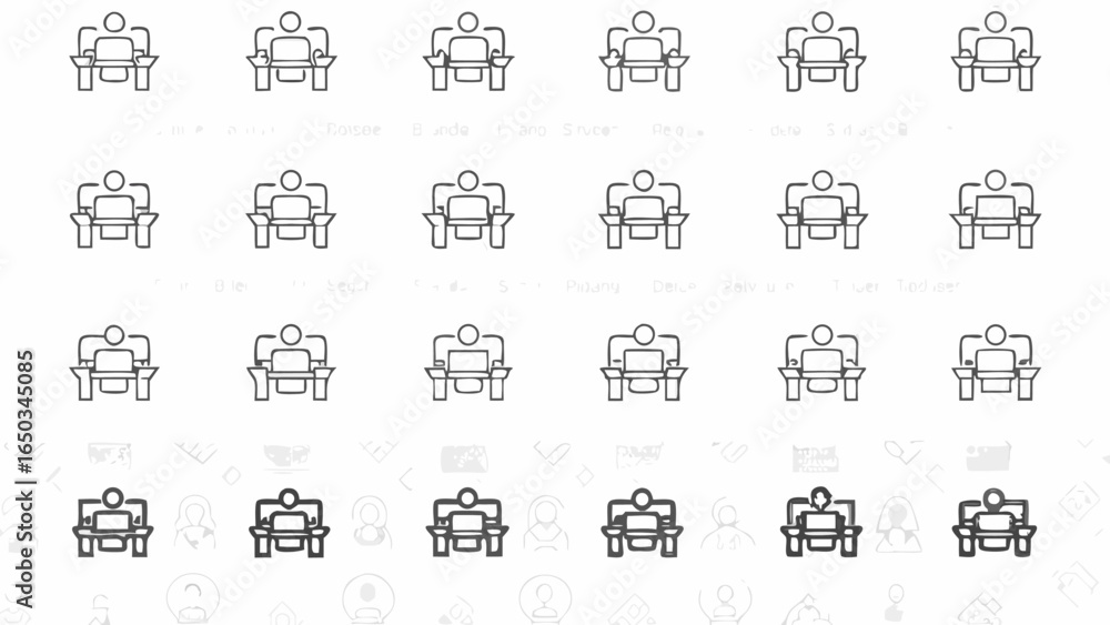Poster vector illustration depicting multiple instances of a person sitting at a desk using a computer scre
