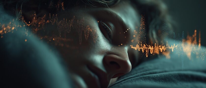 A tranquil sleeper's face in a sharp medium shot with dark, hazy images highlighted by floating REM wave diagrams, illustrating the complex neurology of sleep paralysis episodes