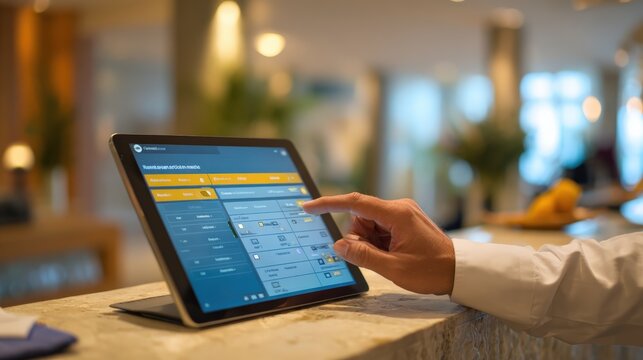 Tablet screen showing reservation management system as hotel worker confirms booking for arriving guest at reception area