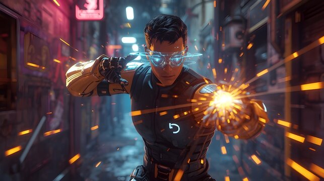 Cybernetically Enhanced Fighter Recalibrates Robotic Limbs in Neon Alley – Holographic HUD Strike Vectors, Glowing Trajectories, Futuristic Combat