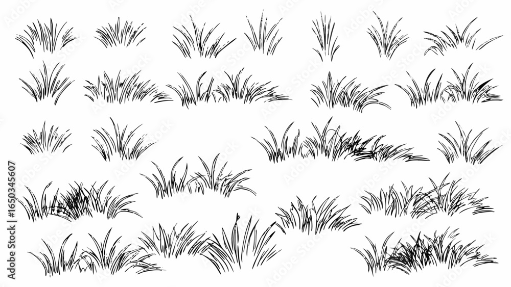 Poster vector illustration of various tufts of grass in black and white sketch style showing different gras