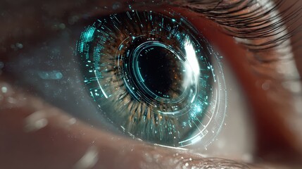 Tech-enhanced eye with virtual HUD (heads-up display), circular holograms turning around pupil, data streams representing AI-powered insight