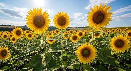 Fototapeta premium Radiant Sunflower Field Stretching to the Horizon Under a Bright Summer Sky