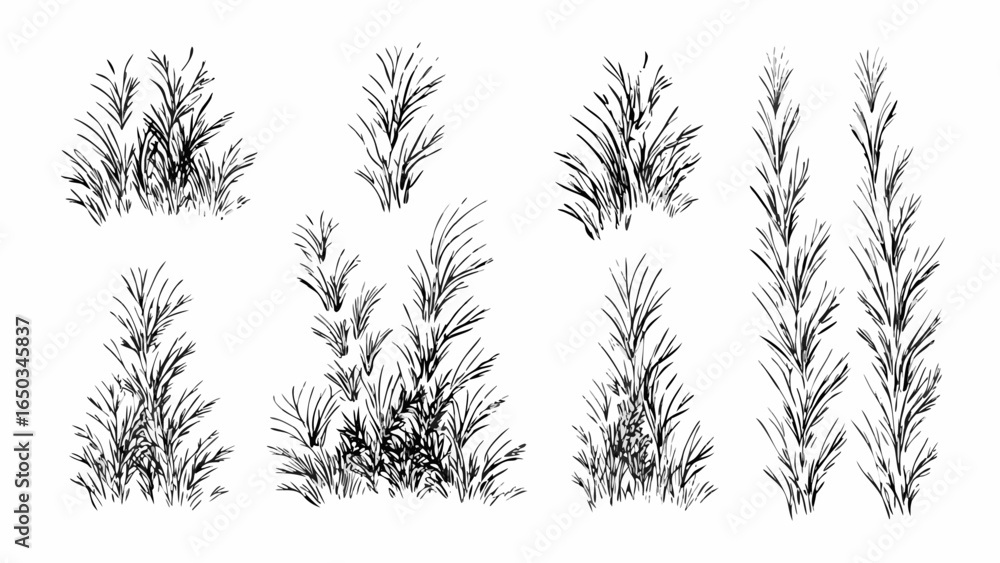 Poster vector illustration showing various clumps of grass in different sizes and densities in black and wh