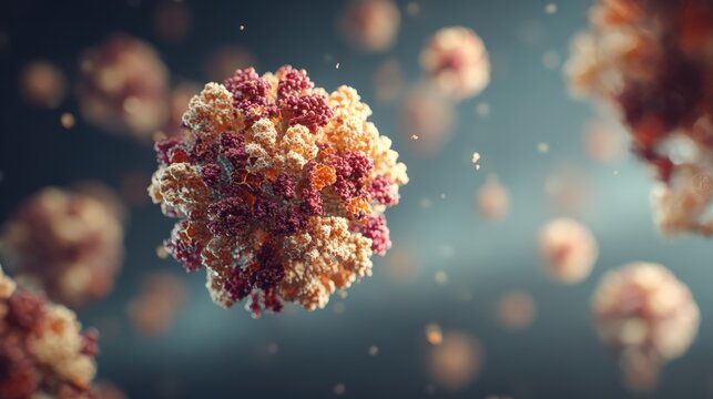 Ultra-realistic rendering of single virus particle in fluid suspension, showing RNA core and spike proteins with cinematic depth of field