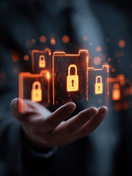 data security concept with hand holding glowing folders with padlock icons