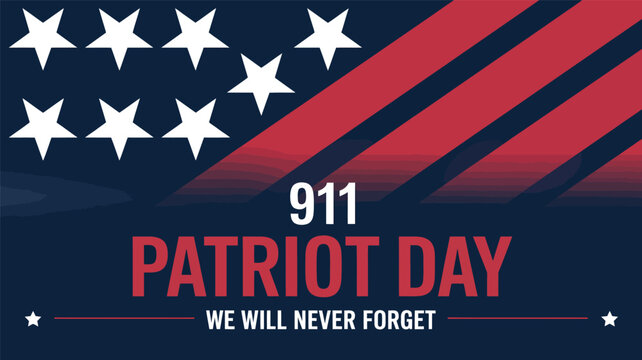 911 patriot day banner with american flag stars and red stripes on dark background, we will never forget tribute design for september 11