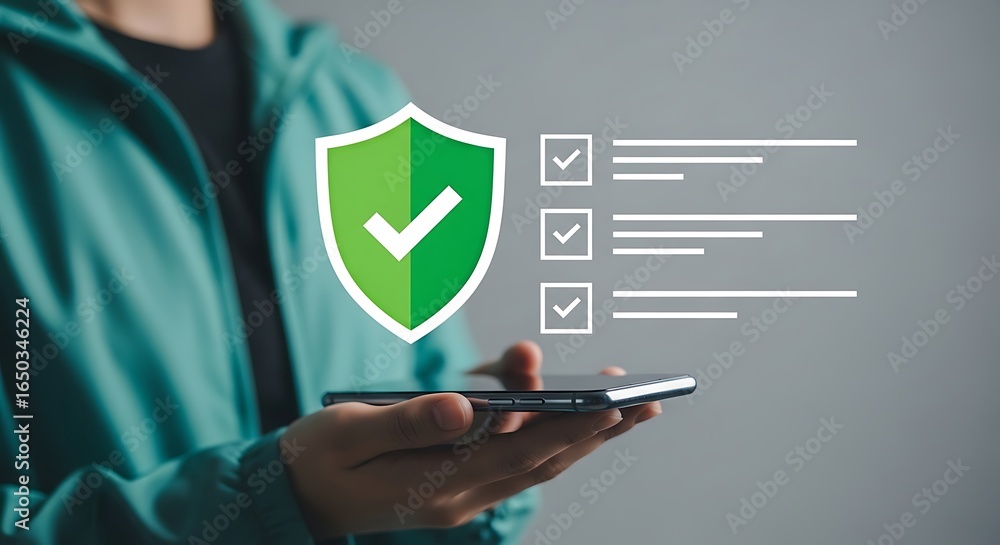 Poster person holding a smartphone displaying a shield icon with a checkmark and a checklist, symbolizing d