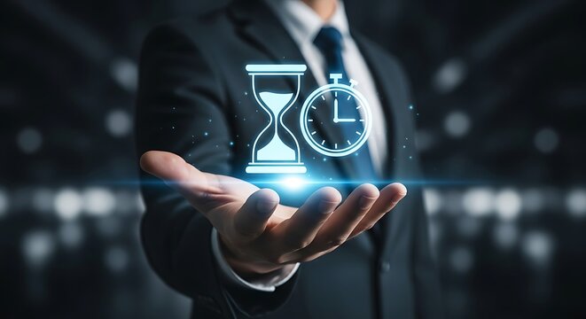 Businessman Holding Holographic Hourglass and Stopwatch: Time Management Concept