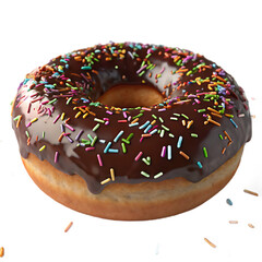 Ai generated image of a delicious chocolate iced donut with colorful sprinkles, isolated on transparent background, a perfect sweet treat for any occasion, showcasing a tempting baked pastry that is a