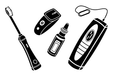 Electric shaver, toothbrush and other hygiene tools isolated on white background