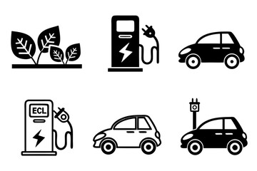 Set of icons representing electric vehicle and green energy isolated on white background