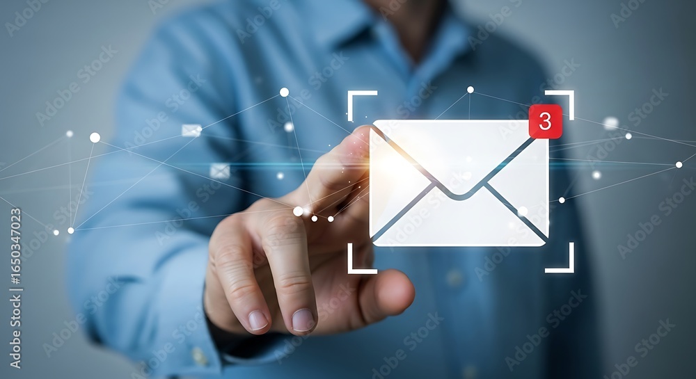 Poster closeup of a mans finger pointing at an email icon with a notification badge, representing digital c