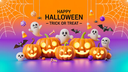 Happy Halloween Trick or Treat Spooky Night Celebration with Pumpkins Ghosts and Bats Festive Invitation Design