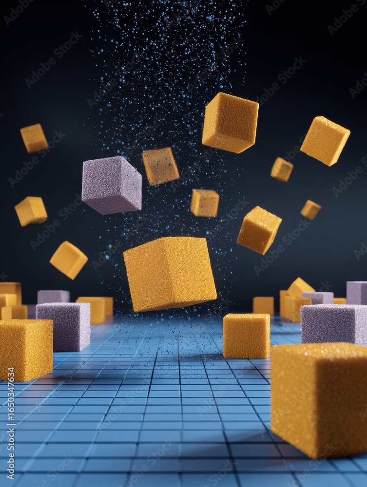 Poster floating colored cubes create a mesmerizing visual display in a dark environment with a grid pattern