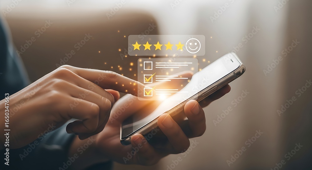 Poster closeup of a person using a smartphone to provide a high customer satisfaction rating with stars and