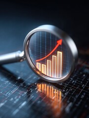 magnifying glass highlights business growth chart with upward trend generative ai analysis financial success stock increase profit investment statistic performance market economy improvement