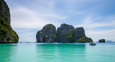 Stunning view of turquoise water and dramatic limestone cliffs at Phi Phi Islands