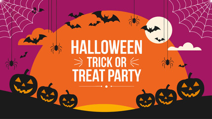 Spooky Halloween Trick or Treat Party Invitation with Pumpkins and Bats Under a Full Moon