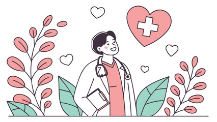 Happy doctor, line art style, pastel color palette, compassionate healthcare professional, surrounded by hearts and leaves, conveying care, empathy, and medical wellness.