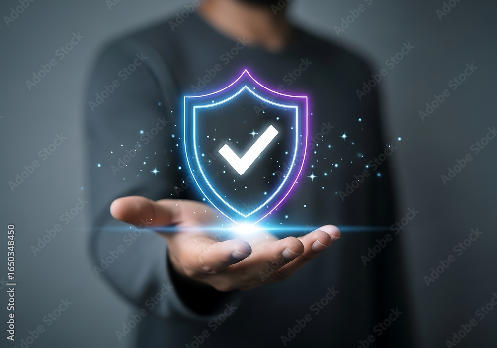 Poster man holding a glowing neon shield with a checkmark, representing security and verification