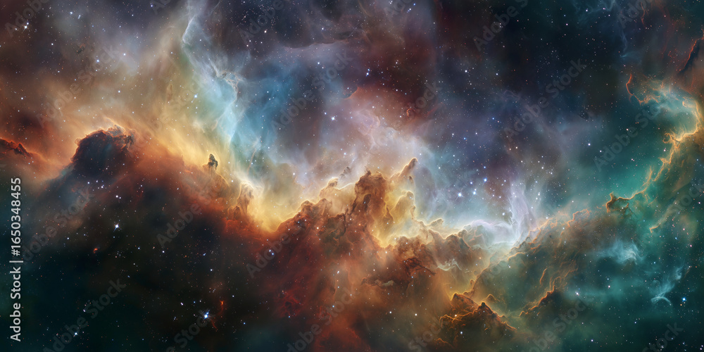 Poster 360 degree equirectangular projection space background with nebula and stars, environment map. hdri 