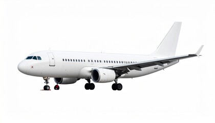 Obraz premium Sleek white commercial airliner ready for take off against a clean white backdrop for airline industry visuals