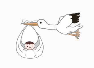Fototapeta premium Illustration of a baby wrapped in a cloth being carried by a stork