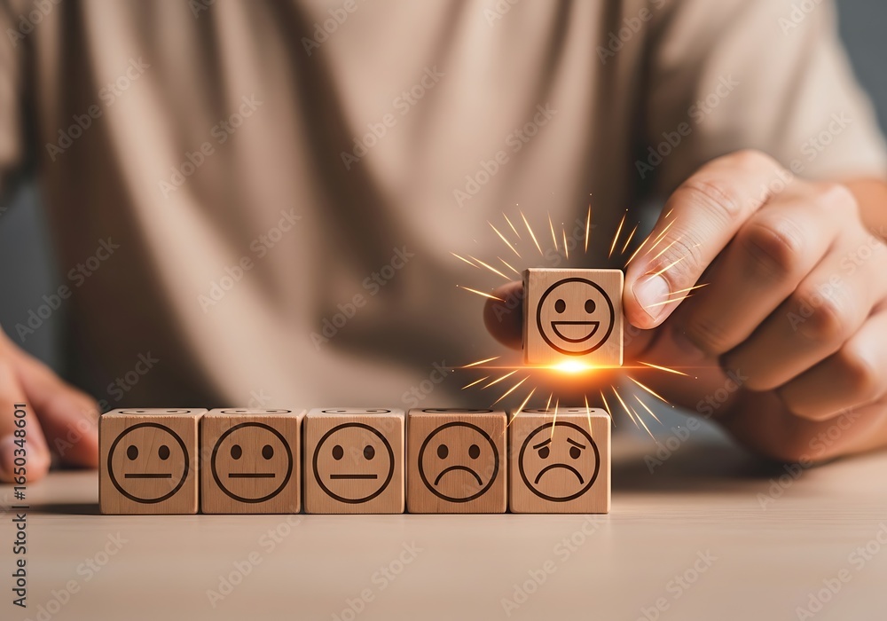 Poster customer satisfaction concept, person selecting a happy smiley face cube from a row of emotion icons