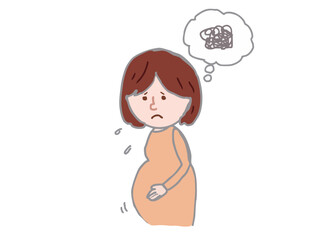 Illustration of a pregnant woman with a large belly in the final month of pregnancy, with an anxious and troubled expression