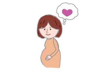 Illustration of a smiling pregnant woman with a heart-shaped speech bubble and her hands on her stomach