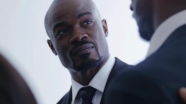 Business man in suit looking serious during interview with talent agent.