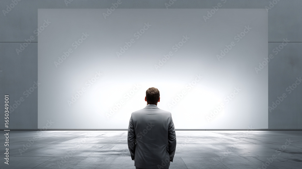 Poster silhouette of a man standing in front of a large empty screen in a warehouse, evoking a sense of con