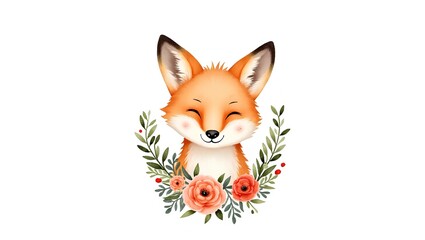 Obraz premium Adorable fox surrounded by flowers and leaves in a woodland style. Perfect for nursery art, children designs, greeting cards, and nature themed illustrations.