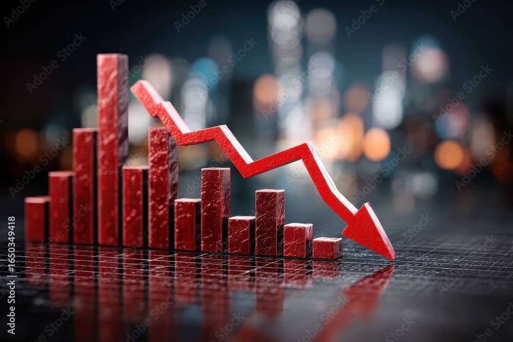 Poster creative representation of a recession chart illustrating a downward trend in economic performance w